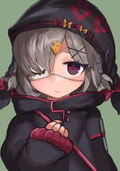 Rule 34 | 1girl, arknights, black hat, black jacket, braid, buchi0122, clenched hand, eyepatch, green background, grey hair, hair ornament, hairclip, hat, highres, jacket, long sleeves, looking at viewer, medical eyepatch, one eye covered, popukar (arknights), purple eyes, rabbit hair ornament, solo, upper body, x hair ornament