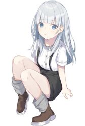 Rule 34 | 1girl, absurdres, aged down, anataa, arm support, black shorts, blue eyes, blue hair, blunt bangs, brown footwear, child, collared shirt, commentary, grey socks, highres, light blue hair, light blush, looking at viewer, loose socks, project sekai, shirt, shirt tucked in, shoes, short sleeves, shorts, simple background, sitting, smile, socks, solo, suspenders, two-tone footwear, white background, white footwear, white shirt, yoisaki kanade