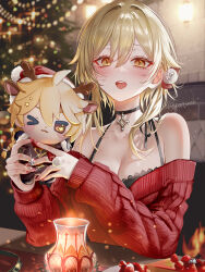 Rule 34 | 1girl, :d, absurdres, aether (genshin impact), bare shoulders, black bra, black choker, blonde hair, blush, bra, breasts, character doll, choker, christmas tree, cleavage, genshin impact, hair behind ear, hair between eyes, hair ornament, highres, holding, holding stuffed toy, indoors, large breasts, looking at viewer, lumine (genshin impact), off shoulder, open mouth, pom pom (clothes), pom pom hair ornament, pottsness, red sweater, smile, solo, stuffed toy, sweater, twitter username, underwear, yellow eyes