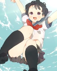 Rule 34 | 1girl, arms up, bad id, black hair, blush, child, fangs, happy, jumping, mosuko, outstretched arms, panties, pantyshot, purple eyes, school uniform, short hair, skirt, socks, solo, striped clothes, striped panties, underwear, upskirt