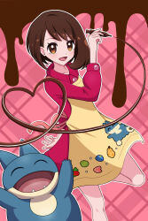 Rule 34 | 1girl, :d, absurdres, apron, brown eyes, brown hair, character print, chocolate, collared dress, commentary request, creatures (company), dress, eyelashes, game freak, gen 4 pokemon, gloria (pokemon), happy, heart, highres, holding, knees, leg up, munchlax, nintendo, open mouth, outline, pink background, pink dress, pokemon, pokemon (creature), pokemon swsh, sleeves past elbows, smile, tongue, yellow apron, yuu (jgvj7873)