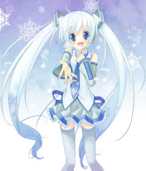 Rule 34 | 1girl, alternate color, blue eyes, blush, cold, collaboration, colorized, detached sleeves, flat chest, gotou nao, gradient hair, hatsune miku, headset, highres, long hair, multicolored hair, musical note, necktie, open mouth, patterned, skirt, snow, snowflakes, solo, thighhighs, twintails, very long hair, vocaloid, white hair, yoshimi kou, yuki miku