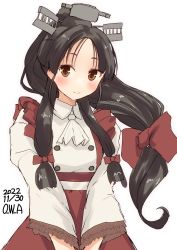 Rule 34 | 1girl, artist name, black hair, bow, brown eyes, dated, frilled shirt, frills, hair tie, headgear, high ponytail, highres, kantai collection, long hair, long sleeves, multi-tied hair, nisshin (kancolle), off shoulder, owa (ishtail), red bow, red ribbon, red skirt, ribbon, shirt, short eyebrows, signature, skirt, solo, thick eyebrows, upper body, very long hair, white shirt