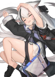 Rule 34 | 1girl, animal ear fluff, animal ears, armpits, arms up, bag, black dress, blue archive, china dress, chinese clothes, closed eyes, coat, commentary request, dress, drooling, fetal position, frilled skirt, frills, gradient hair, grey hair, hair between eyes, highres, id card, kokona (blue archive), long sleeves, low twintails, lying, multicolored hair, on side, open clothes, open coat, school bag, shoulder bag, sidelocks, simple background, skirt, sleeping, solo, streaked hair, taba comya, tiger ears, tiger girl, twintails, two-tone hair, white background, white skirt