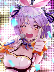 Rule 34 | 1girl, animal ears, blue hair, blush, breasts, carrot hair ornament, food-themed hair ornament, gloves, hair ornament, hair ribbon, half-closed eyes, highres, hololive, hololive idol uniform, idol, idol clothes, leonis g, looking at viewer, medium breasts, microphone, open mouth, pointing, pointing at viewer, purple ribbon, rabbit-shaped eyewear, rabbit ears, rabbit girl, red eyes, ribbon, short hair, solo, sparkle, sweat, symbol-shaped pupils, teeth, thick eyebrows, twintails, upper teeth only, usada pekora, virtual youtuber, white gloves, wristband