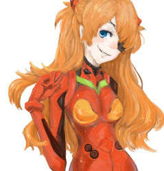 1girl, artist request, blue eyes, breasts, brown hair, curvy, evangelion: 3.0 you can (not) redo, eyepatch, highres, long hair, looking at viewer, neon genesis evangelion, plugsuit, rebuild of evangelion, shiny, shiny clothes, shiny hair, smile, soryu asuka langley, twintails, very long hair