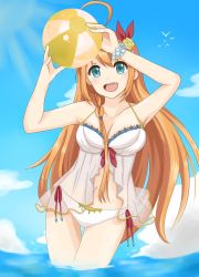 Rule 34 | 1girl, 319thie, :d, aqua eyes, ball, beachball, blue sky, braid, day, highres, long hair, looking at viewer, open mouth, pecorine (princess connect!), pecorine (summer) (princess connect!), princess, princess connect!, sky, smile, sunlight, very long hair, wading