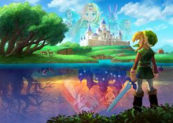 Rule 34 | animal, blonde hair, boots, castle, character request, day, deer, different reflection, hat, highres, impa, knee boots, lake, link, master sword, multiple boys, multiple girls, nintendo, official art, pointy ears, princess hilda, princess zelda, ravio, reflection, seres (zelda), solo focus, the legend of zelda, the legend of zelda: a link between worlds, tree, tunic, water, yuga (zelda)