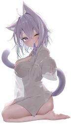 Rule 34 | 1girl, absurdres, ahoge, animal ears, barefoot, blue hair, blush, breast pocket, breasts, cat ears, cat girl, cat tail, cleavage, collared shirt, colored inner hair, dot nose, feet, from side, highres, hololive, large breasts, medium hair, mouth hold, multicolored hair, naked shirt, nekomata okayu, nekomata okayu (oversized shirt), outstretched arm, pocket, purple eyes, purple hair, purple ribbon, reine (reineko6), ribbon, ribbon in mouth, see-through, see-through shirt, shirt, silhouette, simple background, sitting, sleeves past fingers, sleeves past wrists, soles, solo, tail, toes, virtual youtuber, wariza, white background, white shirt