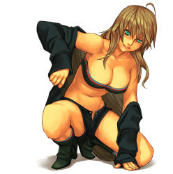 Rule 34 | 1girl, aqua eyes, bad id, bad pixiv id, bare shoulders, boots, breasts, brown hair, cleavage, green eyes, highres, large breasts, midriff, mustard seeds, original, shorts, solo, unzipped, yuuji (and)