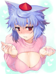 Rule 34 | 1girl, animal ears, blush, breasts, cleavage, cleavage cutout, clothing cutout, hat, heart, inubashiri momiji, large breasts, long sleeves, meme attire, open-chest sweater, red eyes, ribbed sweater, silver hair, solo, sweater, taketora suzume, tokin hat, touhou, turtleneck, upper body, wolf ears