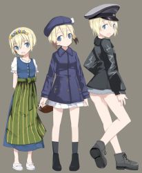 Rule 34 | 1girl, age progression, alternate costume, ankle boots, apron, arms behind back, bad id, bad twitter id, blonde hair, blue eyes, blush, boots, dress, erica hartmann, grey background, happy, hat, head tilt, head wreath, jacket, leather, leather jacket, looking at viewer, looking back, morita (mmmoritannn), multicolored hair, open mouth, peaked cap, school uniform, short hair, smile, strike witches, traditional clothes, waist apron, world witches series, aged down