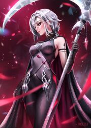 Rule 34 | 1girl, absurdres, arlecchino (genshin impact), black pants, black shirt, breasts, cape, commentary request, cowboy shot, earrings, genshin impact, grey hair, highres, holding, holding scythe, holding weapon, jewelry, leggings, long hair, medium breasts, nail polish, pants, red eyes, red nails, scythe, shirt, sleeveless, sleeveless shirt, solleen, solo, standing, thighs, weapon