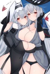 Rule 34 | 2girls, absurdres, arknights, arm up, black gloves, black headwear, blush, breasts, chunta, cleavage, closed mouth, collarbone, commission, covered navel, feet out of frame, gloves, grey hair, highres, large breasts, long hair, long sleeves, looking at viewer, multiple girls, navel, nun, red eyes, skadi (arknights), skeb commission, specter (arknights), standing, white background