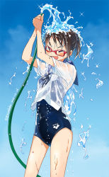 Rule 34 | 1girl, blue one-piece swimsuit, blush, brown hair, closed eyes, dated, glasses, holding, holding hose, hose, kusakabe (kusakabeworks), one-piece swimsuit, open mouth, original, ponytail, product placement, school uniform, scrunchie, see-through, signature, standing, swimsuit, swimsuit under clothes, water drop, wet