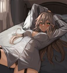 Rule 34 | 1girl, bed, black panties, blush, breasts, closed mouth, girls&#039; frontline, green eyes, highres, jsl spitfire, long hair, long sleeves, looking at viewer, lying, medium breasts, no bra, no pants, on back, on bed, open clothes, open shirt, panties, partially unbuttoned, pillow, r scrubed, shirt, solo, spitfire (girls&#039; frontline), underwear, white hair, white shirt