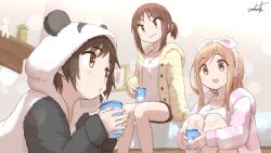 Rule 34 | 3girls, :d, aikawa chiho, animal costume, animal ears, animal hood, breasts, brown eyes, brown hair, camisole, cleavage, closed mouth, commentary request, cup, disposable cup, drinking straw, fake animal ears, feet out of frame, hair ribbon, hairband, hasegawa fumi, holding, holding cup, hood, hood down, hooded jacket, indoors, jacket, knees up, long sleeves, lying, medium breasts, multiple girls, okano kei, on stomach, open clothes, open jacket, open mouth, panda costume, panda ears, panda hood, parted bangs, pink hairband, pink ribbon, ponytail, ribbon, sidelocks, signature, sitting, sleeves past wrists, smile, striped clothes, striped jacket, swept bangs, umiroku, v-shaped eyebrows, white camisole, yellow jacket, yuyushiki