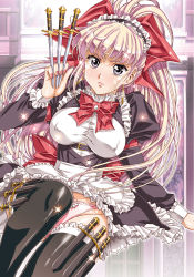 Rule 34 | 1girl, apron, bad link, between fingers, black thighhighs, covered erect nipples, earrings, grey eyes, high ponytail, highres, holding, holding knife, jewelry, juliet sleeves, knife, knives between fingers, long hair, long sleeves, maid, maid headdress, outer glow, panties, pink panties, platinum blonde hair, puffy sleeves, solo, sparkle, thighhighs, underwear, urushihara satoshi, waist apron