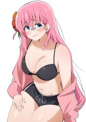 Rule 34 | 1girl, bare shoulders, bikini, bikini top only, black bikini, black shorts, blue eyes, blush, bocchi the rock!, breasts, cleavage, collarbone, commentary request, embarrassed, flower, gotoh hitori, hair flower, hair ornament, hand on own thigh, highres, jacket, large breasts, looking at viewer, navel, open clothes, open jacket, pink hair, pink jacket, sakura 1110ssmm, shorts, simple background, sitting, solo, stomach, swimsuit, thighs, track jacket, white background