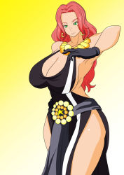 Rule 34 | 1girl, baccarat (one piece), black gloves, breasts, cleavage, cleavage cutout, clothing cutout, dress, full body, gloves, hand on own hip, high heels, huge breasts, large breasts, long hair, one piece, red hair, sleeveless, sleeveless dress
