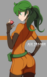 Rule 34 | 1girl, ace trainer (pokemon), ass, creatures (company), fanny pack, fingerless gloves, frown, game freak, gloves, green eyes, green hair, hair ornament, hand on own hip, highres, nintendo, poke ball, pokemon, pokemon dppt, ponytail, simple background, solo, text focus, vivivoovoo