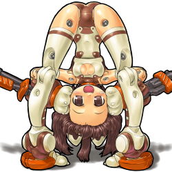 Rule 34 | 10s, 1girl, animal ears, bad id, bad pixiv id, brown eyes, brown hair, busou shinki, dd (ijigendd), doll joints, joints, looking through own legs, pomock, solo, thighhighs, white background