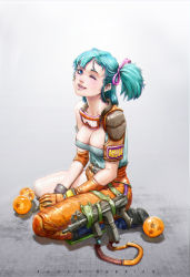 Rule 34 | 1girl, aqua hair, artist name, asymmetrical clothes, bandaid, bandaid on face, blue eyes, blue footwear, blue hair, boots, breasts, bulma, character name, cleavage, collarbone, dragon ball, dragon ball (object), covered erect nipples, eyeshadow, full body, gloves, goggles, goggles around neck, gun, hair ribbon, highres, knee pads, looking at viewer, makeup, matching hair/eyes, one eye closed, open mouth, orange gloves, paulo barrios, ribbon, seiza, side ponytail, single pantsleg, single sleeve, sitting, smile, solo, submachine gun, weapon