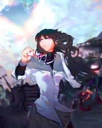 1girl akemi_homura akemi_homura_(magical_girl) argyle_clothes black_hair blurry blurry_background foroxy highres holding holding_removed_eyewear long_hair looking_afar looking_up mahou_shoujo_madoka_magica purple_eyes red-framed_eyewear ruins semi-rimless_eyewear solo under-rim_eyewear unworn_eyewear upper_body