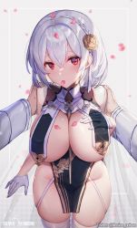 Rule 34 | 1girl, azur lane, bare shoulders, braid, breast curtains, breasts, commentary, crossed bangs, floral print, flower, glint, gloves, grey background, groin, hair between eyes, hair flower, hair ornament, hand on own chest, hand up, hands on another&#039;s shoulders, highres, hwansang jungdog, long sleeves, looking at viewer, mouth hold, no bra, no panties, official alternate costume, pelvic curtain, petals, raised eyebrows, red eyes, revealing clothes, single braid, sirius (azur lane), sirius (azure horizons) (azur lane), skindentation, solo focus, thighhighs, thighs, twitter username, white gloves, white hair, white thighhighs