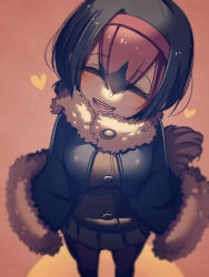Rule 34 | 10s, 1girl, :d, at2., black hair, blurry, blush, breasts, buttons, capelet, closed eyes, depth of field, dodo (kemono friends), facing viewer, from above, fur trim, hair between eyes, hairband, happy, head tilt, heart, highres, kemono friends, medium breasts, multicolored hair, open mouth, pantyhose, pleated skirt, red hair, short hair, skirt, smile, solo, teeth