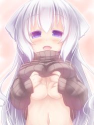 Rule 34 | 1girl, bad id, bad pixiv id, blush, breasts, clothes lift, fangs, long hair, looking at viewer, navel, nightmare cat, open mouth, original, purple eyes, ribbed sweater, shirt lift, solo, sweater, sweater lift, turtleneck, white hair