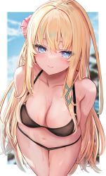 Rule 34 | 1girl, absurdres, arms behind back, bare shoulders, bikini, black bikini, blonde hair, blue eyes, blurry, blurry background, breasts, cleavage, closed mouth, cowboy shot, efuri (riarea00), flower, hair flower, hair ornament, halterneck, halterneck, highres, indie virtual youtuber, large breasts, leaning forward, legs together, looking at viewer, navel, smile, solo, stomach, swimsuit, thigh gap, thighs, virtual youtuber, wet, yukinoshita peo