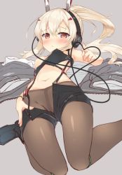 Rule 34 | 1girl, ayanami (azur lane), ayanami (rock &#039;n&#039; demon) (azur lane), azur lane, blonde hair, blush, brown pantyhose, clothes pull, unworn clothes, commentary request, covered erect nipples, fujieda uzuki, grey background, headset, highres, long hair, looking at viewer, lying, navel, no panties, on back, one breast out, pantyhose, pantyhose under shorts, ponytail, red eyes, shorts, shorts pull, solo, stomach, suspenders
