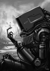 Rule 34 | bug, cable, from side, gia, greyscale, monochrome, no humans, non-humanoid robot, original, outdoors, post-apocalypse, robot, ruins, signature, solo