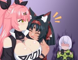 Rule 34 | 3girls, :d, ^ ^, absurdres, anby demara, animal ear fluff, animal ears, bare shoulders, black hair, black ribbon, blush, braid, breasts, cleavage, closed eyes, clothing cutout, commentary, dark-skinned female, dark skin, english commentary, facial mark, fang, forehead mark, green eyes, hair ornament, hair ribbon, hairband, hairclip, highres, jealous, large breasts, long hair, looking at another, mole, mole on breast, multiple girls, nekomiya mana, nicole demara, open mouth, parted lips, pink hair, purple background, red hairband, ribbon, shaded face, shikniful, shoulder cutout, single braid, skin fang, smile, strapless, tube top, two side up, upper body, white hair, yuri, zenless zone zero