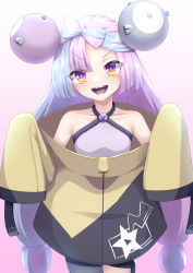 Rule 34 | 1girl, bow-shaped hair, character hair ornament, creatures (company), game freak, grey pantyhose, hair ornament, hexagon print, highres, iono (pokemon), jacket, long hair, looking at viewer, low-tied long hair, nintendo, oversized clothes, pantyhose, pokemon, pokemon sv, sharp teeth, single leg pantyhose, sleeves past fingers, sleeves past wrists, tattuuy, teeth, very long sleeves, x, yellow jacket