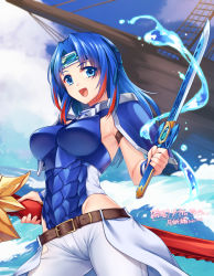 Rule 34 | 1girl, :d, armor, armpits, blue eyes, blush, breastplate, commission, cowboy shot, day, dual wielding, headgear, highres, holding, holding sword, holding weapon, long hair, looking at viewer, multicolored hair, ocean, open mouth, original, pauldrons, pixiv fantasia, pixiv fantasia age of starlight, red hair, ship, shoulder armor, skeb commission, smile, solo, streaked hair, sword, tsuki tokage, watercraft, weapon