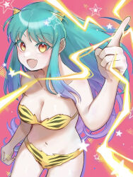 Rule 34 | 1girl, :d, animal print, bare arms, bare shoulders, bikini, breasts, cleavage, collarbone, commentary, cone horns, electricity, electrokinesis, gradient hair, green hair, horns, index finger raised, large breasts, light blush, long hair, looking at viewer, lum, multicolored hair, myuu (user nvsc5288), navel, oni, open mouth, orange eyes, print bikini, purple hair, sidelocks, simple background, smile, solo, star (symbol), strapless, strapless bikini, swimsuit, tiger print, urusei yatsura, very long hair