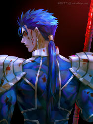 Rule 34 | 1boy, armor, back, black background, blood, blood splatter, blue hair, cu chulainn (fate), cu chulainn (fate/stay night), earrings, fate (series), from behind, gae bolg (fate), jewelry, kim yura (goddess mechanic), long hair, looking at viewer, looking back, male focus, ponytail, red eyes, shoulder armor, simple background, solo, spiked hair, twitter username, type-moon