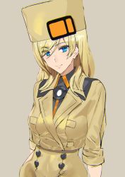 Rule 34 | 1girl, arc system works, ashiomi masato, beige background, blonde hair, blue eyes, breasts, closed mouth, coat, contrapposto, fur hat, guilty gear, guilty gear strive, hat, long hair, looking at viewer, millia rage, orange hat, simple background, sleeves rolled up, smile, solo, upper body, ushanka