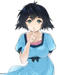 Rule 34 | 1girl, absurdres, black hair, blue dress, breasts, closed mouth, collarbone, commentary request, dress, female focus, finger to mouth, green eyes, highres, jun (2577985), leaning forward, looking at viewer, medium breasts, medium hair, messy hair, original, puffy short sleeves, puffy sleeves, shiina mayuri, short hair, short sleeves, shushing, simple background, smile, solo, standing, steins;gate, upper body, white background