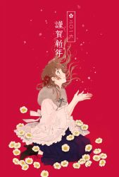 Rule 34 | 1girl, boots, brown hair, flower, from side, full body, happy new year, highres, hinao (flowerrabbit2348), kneeling, long skirt, looking up, new year, original, petals, profile, red background, seiza, shawl, simple background, sitting, skirt, solo, text focus, translated