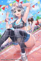 Rule 34 | 2girls, all fours, aqua nails, armpits, arms up, artist name, bat wings, blue eyes, blue sky, blush, bracelet, breasts, brown hair, bunting, buruma, cleavage, confetti, crawling, day, dutch angle, entangled, eyepatch, flag, flower, ganik (pisshine), hair ornament, hairclip, iri flina, jewelry, lens flare, medium breasts, multiple girls, nail polish, net, open mouth, outdoors, pennant, rion flina, running track, shoes, short hair, silver hair, sitting, sky, sneakers, solo focus, spiked bracelet, spikes, sports bra, string of flags, sweat, sweatband, sword girls, tearing up, tears, thighhighs, watermark, wings, wristband