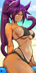 Rule 34 | 1girl, animal ears, artist logo, bayeuxman, beach, bikini, black bikini, bleach, blurry, blurry background, breasts, cat ears, cat girl, cat tail, cloud, cloudy sky, covered erect nipples, dark-skinned female, dark skin, fang, highres, large breasts, long hair, looking at viewer, navel, navel piercing, orange pantyhose, orange shrug, outdoors, pantyhose, parted bangs, piercing, ponytail, shirt, sitting, skindentation, sky, smile, solo, stomach, swimsuit, tail, tan, tanline, thick thighs, thighs, toned female, tongue, tongue out, torn clothes, torn pantyhose, torn shirt, very long hair