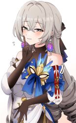 Rule 34 | 1girl, awe (adorableduckyy), bare shoulders, black gloves, blush, bronya rand, commentary, dress, drill hair, earrings, elbow gloves, finger to mouth, gloves, grey eyes, grey hair, hair between eyes, highres, honkai: star rail, honkai (series), jewelry, long hair, looking at viewer, seductive smile, shushing, simple background, smile, solo, symbol-only commentary, tri drills, twin drills, white background
