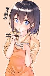Rule 34 | 1girl, apron, bad id, bad twitter id, blue eyes, blush, chopsticks, closed mouth, commentary request, eating, food, food request, hair between eyes, holding, holding chopsticks, holding spoon, long hair, looking at viewer, original, outline, pink background, purple eyes, simple background, sleeves rolled up, solo, spoon, suzunari shizuku, sweater, translation request, upper body, yellow sweater, yuki arare