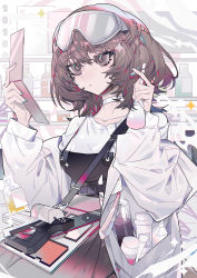 Rule 34 | 1girl, absurdres, apron, arknights, black apron, blue nails, bottle, brown eyes, brown hair, choker, closed mouth, coat, collarbone, commentary, dated, expressionless, goggles, goggles on head, hands up, highres, holding, holding mirror, indoors, long sleeves, makeup brush, medium hair, mirror, nail polish, roberta (arknights), shirt, solo, sparkle, symbol-only commentary, syringe gun, taowu (20809), upper body, white choker, white coat, white shirt