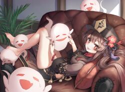 Rule 34 | 1girl, :d, :p, bare legs, barefoot, black hat, black nails, black shorts, blush, boo tao (genshin impact), bracelet, breasts, brown hair, brown shirt, cheek pinching, chinese clothes, chirang, commentary, couch, fang, feet, flower, full body, genshin impact, ghost, hat, hat flower, highres, hu tao (genshin impact), indoors, jewelry, long hair, long sleeves, looking at viewer, looking to the side, lying, medium breasts, multiple rings, nail polish, on back, on couch, open mouth, pinching, plant, red eyes, red flower, revision, ring, shirt, short shorts, shorts, skin fang, smile, solo, tassel, thumb ring, toenail polish, toenails, tongue, tongue out, twintails, white background