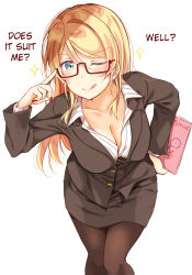 Rule 34 | 10s, 1girl, ;q, adjusting eyewear, ayase eli, bespectacled, black pantyhose, black skirt, blonde hair, blue eyes, blush, book, breasts, cleavage, collarbone, commentary, downblouse, fingernails, formal, glasses, hair between eyes, hair down, hand on own hip, hard-translated, holding, holding book, leaning forward, light blush, long fingernails, long hair, long sleeves, looking at viewer, love live!, love live! school idol festival, love live! school idol project, medium breasts, mogu (au1127), nail polish, one eye closed, pantyhose, pencil skirt, red nails, simple background, skirt, skirt suit, solo, sparkle, suit, teacher, third-party edit, tongue, tongue out, translated, v-shaped eyebrows, white background
