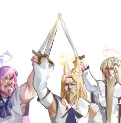 3boys animal_ear_fluff animal_ears beard blonde_hair blue_archive blue_bow bow brown_hair closed_mouth commentary_request detached_sleeves dokomon dress facial_hair flower forehead genderswap genderswap_(ftm) hair_flower hair_ornament halo highres holding holding_sword holding_weapon korean_commentary long_hair long_sleeves male_focus mika_(blue_archive) multiple_boys nagisa_(blue_archive) pink_flower pink_hair puffy_long_sleeves puffy_sleeves seia_(blue_archive) short_sleeves simple_background sleeveless sleeveless_dress sleeves_past_wrists sword the_three_musketeers upper_body very_long_hair weapon white_background white_dress white_flower white_sleeves
